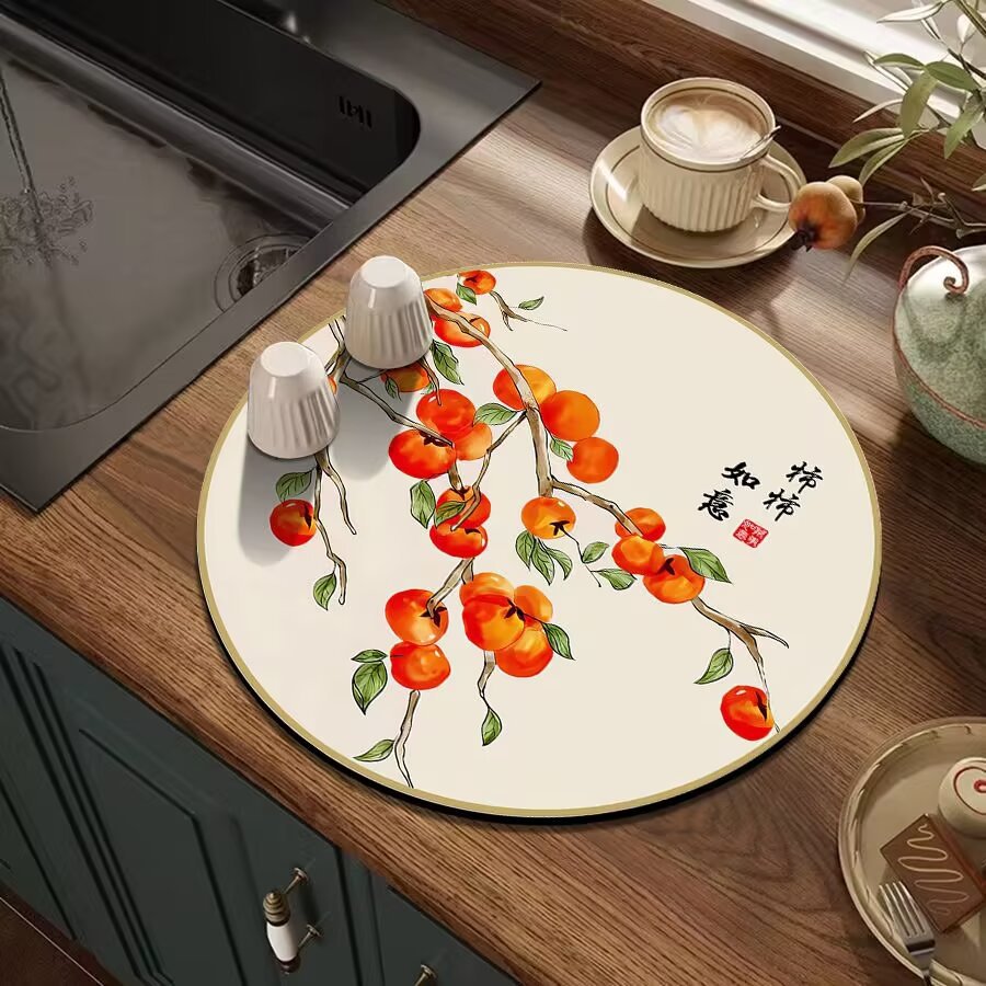 Chattering 중국식 라운드 티 컵 매트 주방 카운터 탑 드레인 매트 기술 벨벳 흡수 매트 빠른 건조 매트 식탁 절연 매트
