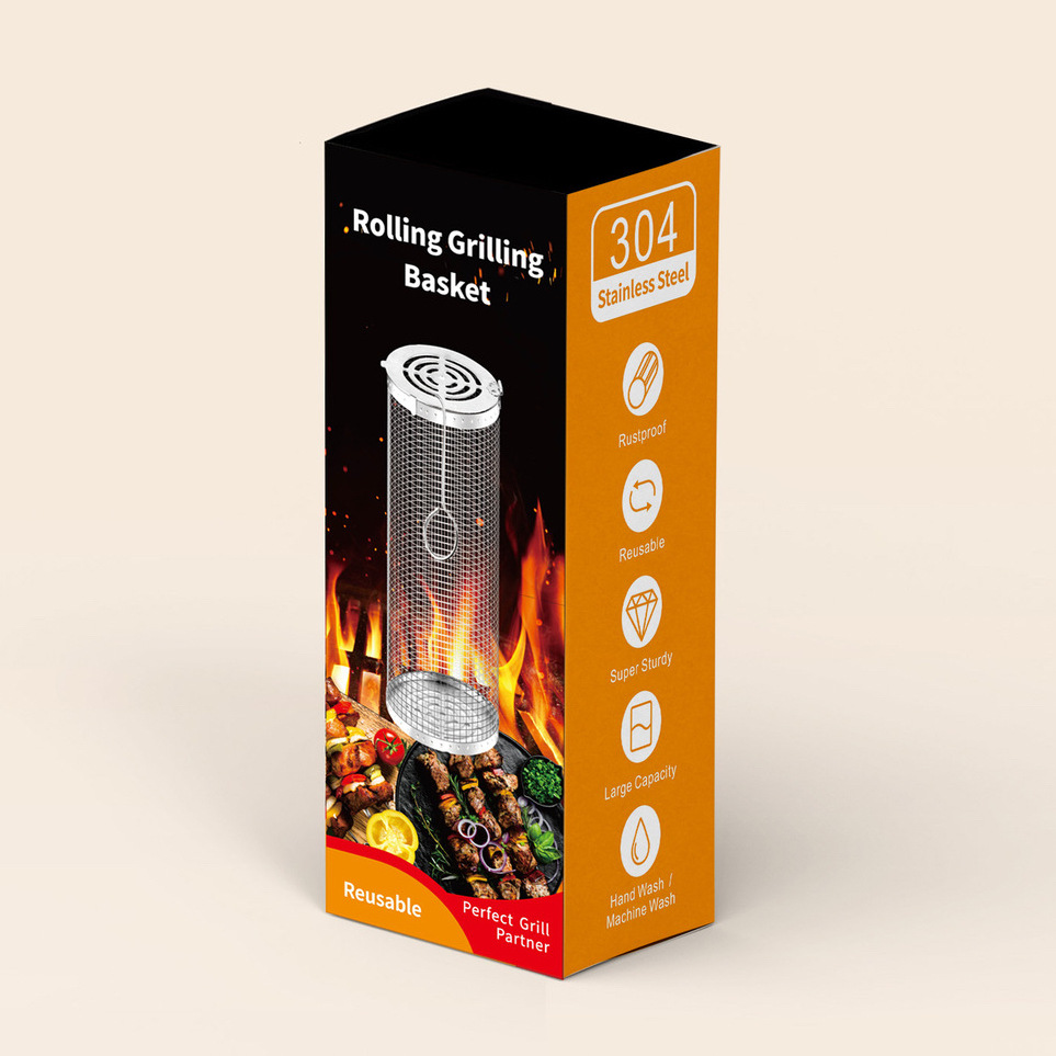 Jaula de barbacoa transfronteriza ronda de acero inoxidable Parrilla de barbacoa al aire libre jaula de fumar barbacoa portátil rodillo giratorio