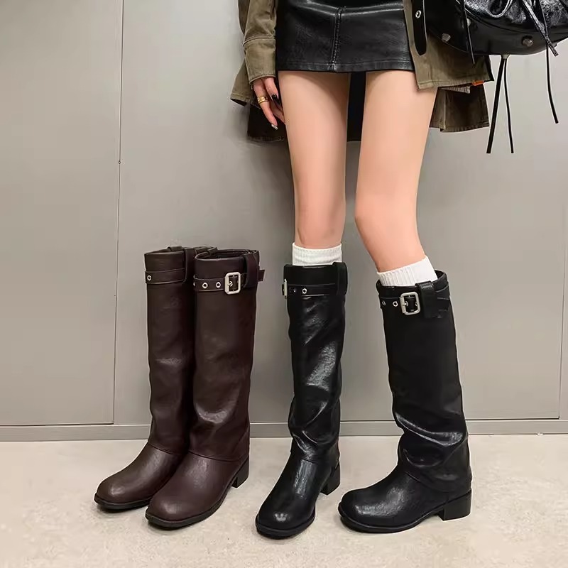 ホットガールスリムハイレグブーツ膝上ベルトバックル太ヒールナイトブーツ厚底ウエスタンカウボーイブーツ女性冬|undefined
