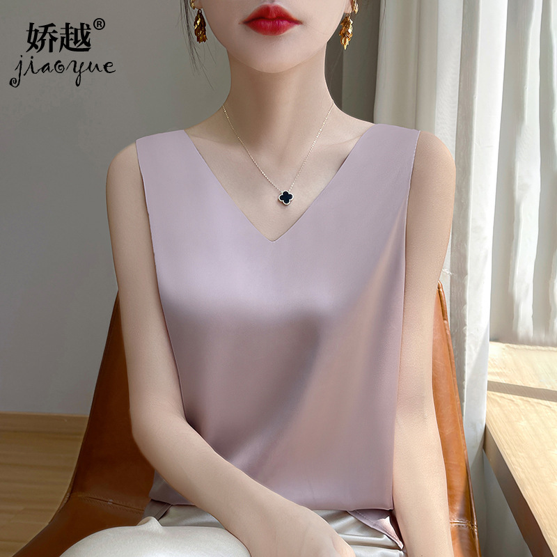 Camisole Women's Front V-back Round Neck Double-sided Acetic Acid Silk Top Satin Summer Suit Base Shirt