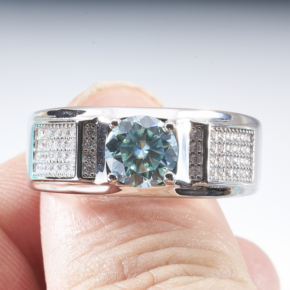 Anillo de hombre de 1 quilate azul verde plata esterlina de diamante de diamante de oro completo anillo de moissanita simple anillo de jefe de atmósfera