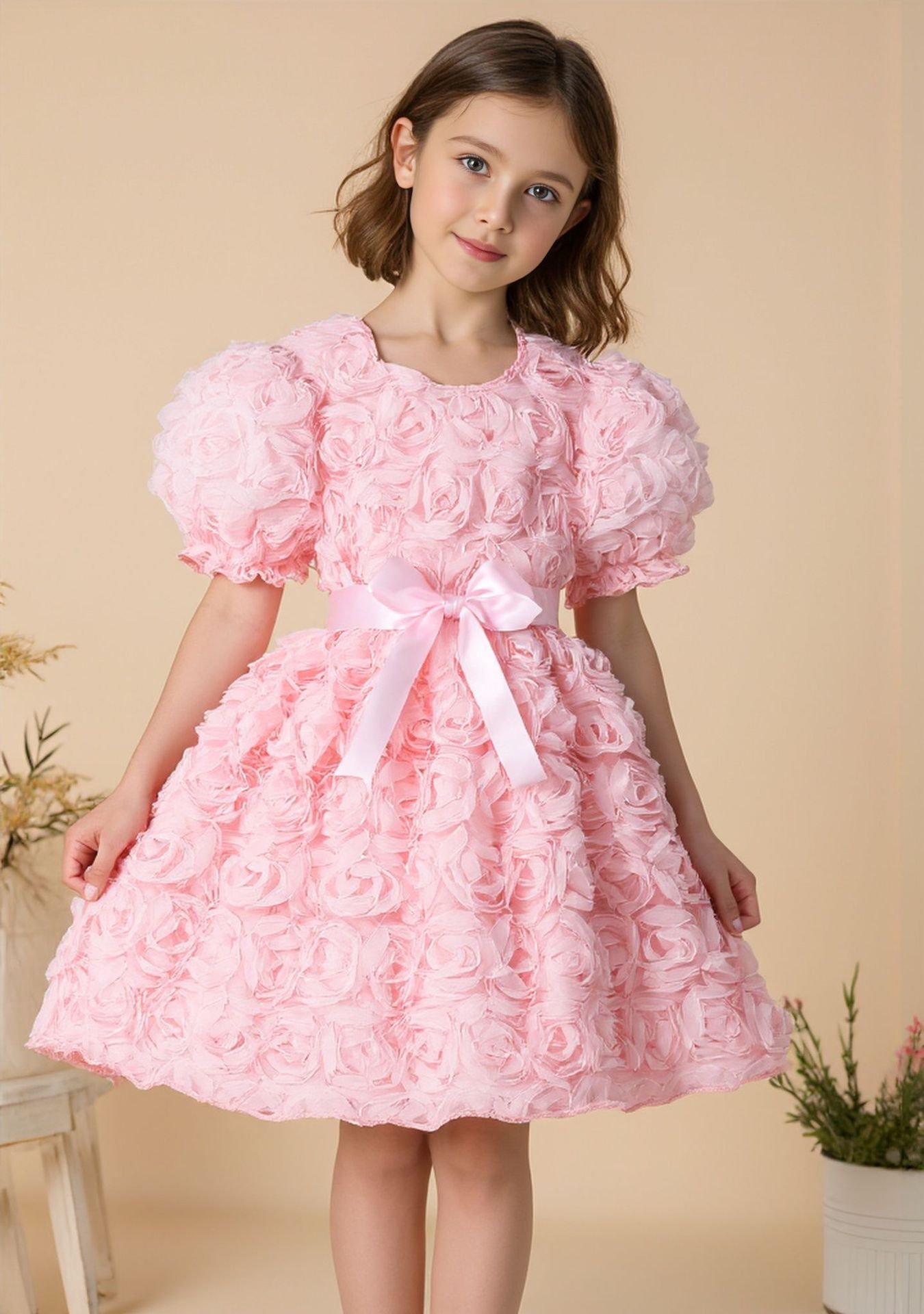 Vestido de niña (pequeño), vestido de fiesta elegante de rosa tridimensional