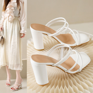 Cross-Border Large Size European and American 2025 Summer New Square Toe Sexy High Heels Thick Heel Thin Strap One-Line Sandals for Women