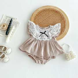 女童夏季新品邹布缕空蕾丝花边连体哈衣哈裙婴儿宝宝满月公主爬服