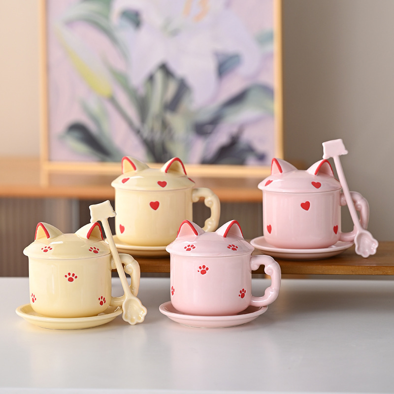 创意手绘爱心猫爪杯新款猫咪立体陶瓷牛奶杯简约日用办公杯咖啡杯
