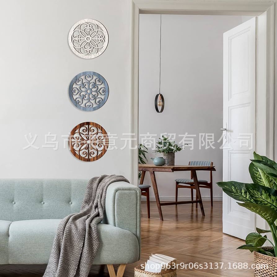 3件乡村墙壁装饰农舍墙壁艺术木制空心雕刻设计装饰乡村圆墙艺术