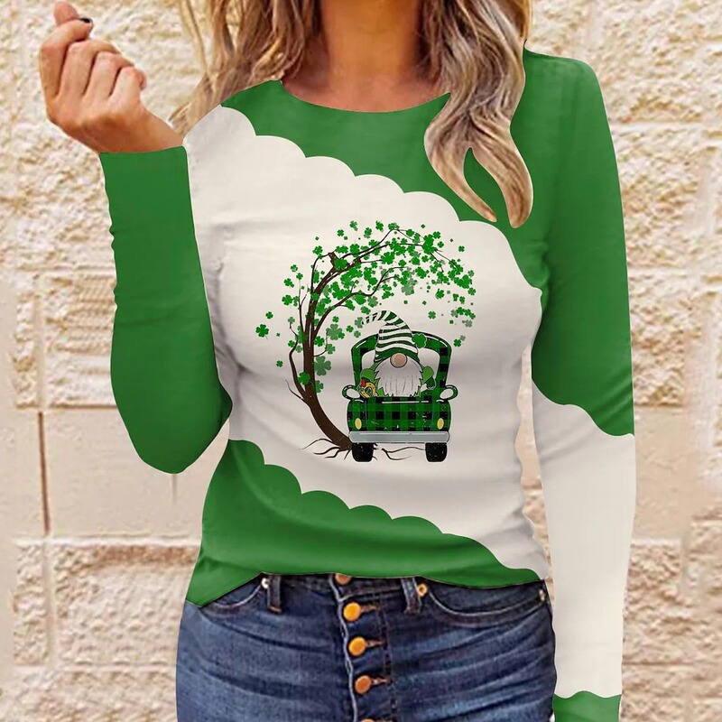 Women's T-shirt Pearl grass leaf long sleeve holiday weekend basic St. Patrick's Day round neck regular flowers