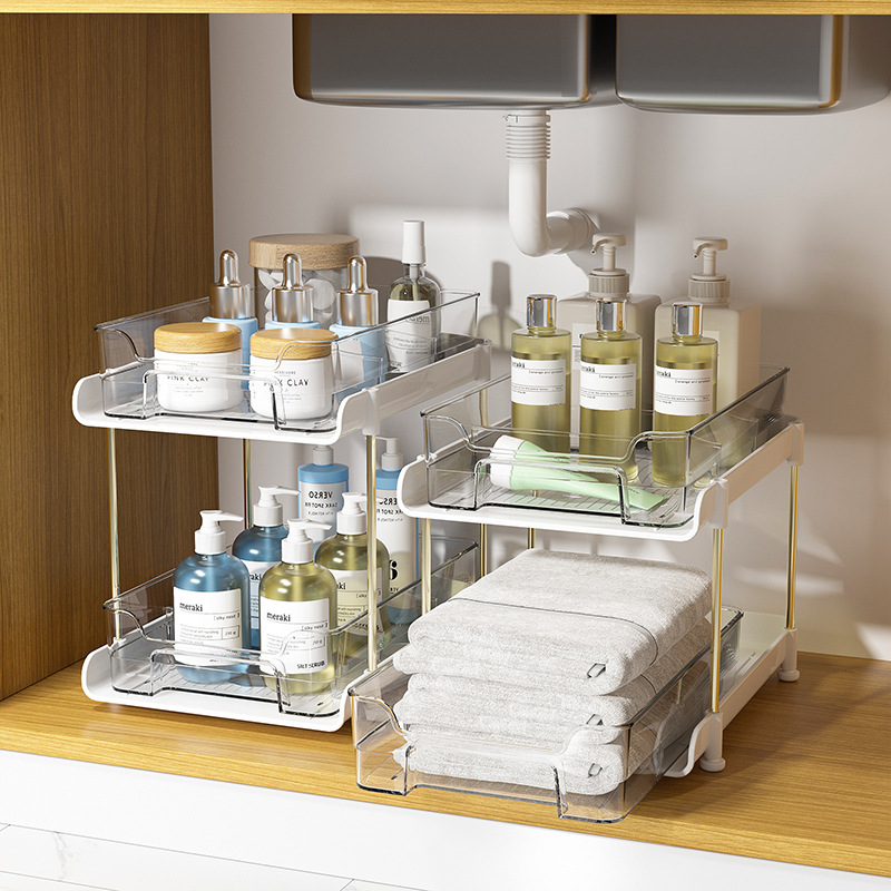 Transparente PET rack de almacenamiento de cosméticos de escritorio caja de almacenamiento de baño Baño Cocina multi-función de apilamiento rack de almacenamiento