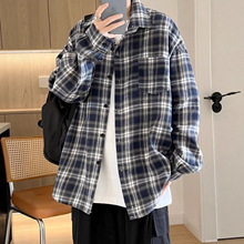 日系格子衬衫男长袖秋季新款青少年潮流百搭宽松休闲工装衬衣外套