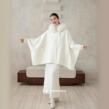 ESMODISH冬季新品温柔风连帽斗篷款双面羊绒大衣狐狸毛领连袖外套