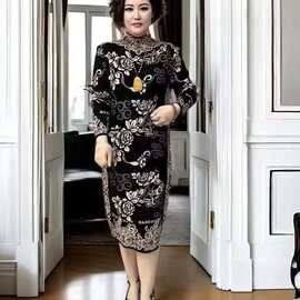 跨境新中式印花连衣裙女秋冬款高级感气质妈妈装长袖修身旗袍裙