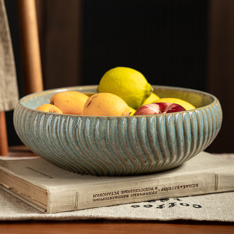 Tacos de cerámica en relieve gruesos prácticos, platos retro domésticos, tazones de verduras, tazones de sopa de gran capacidad, tazones de frutas