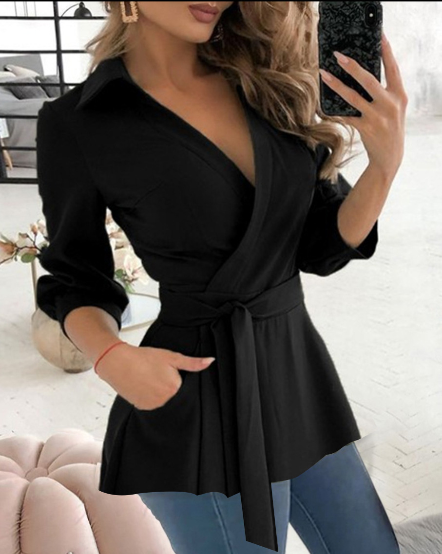 2023 estación independiente deseo Amazon popular otoño nuevo impreso manga larga cuello en V cinturón camisa para las mujeres
