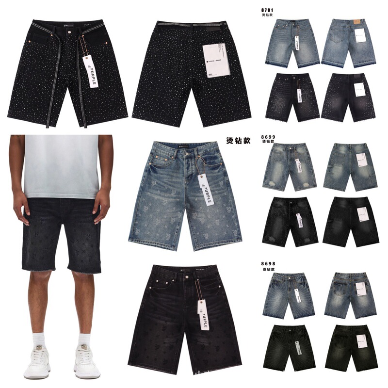 Cross-Border Wholesale Purple Jeans with Ripped Patches, Washed Vintage Straight-Leg Pants, Rhinestone-Embellished Loose Denim Shorts