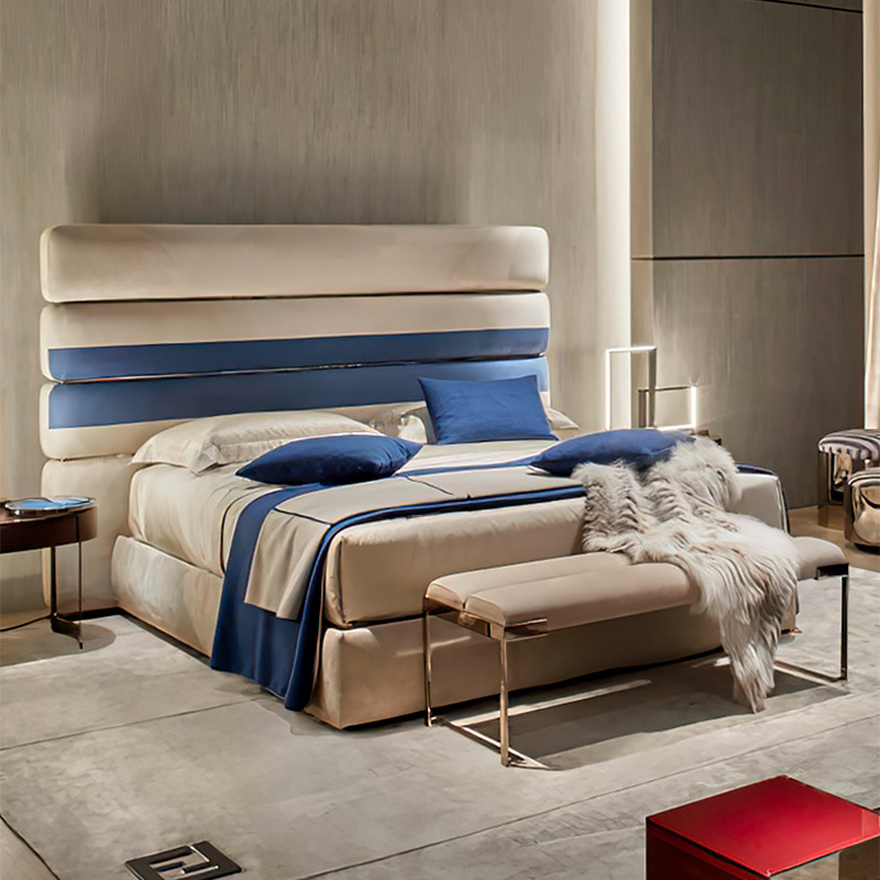 Light Luxury Fen Master Bedroom Double Bed 1.8 Blue and White Striped Italian Overseas Brand Di Soft Package Nappa Leather Master Bed