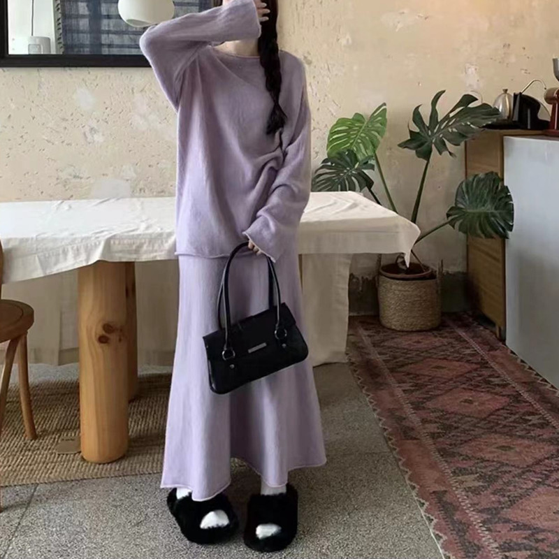 韓国版の怠惰でゆったりしたニットのファッションスーツの女性の肩の上着のA字の魚の尾はお尻の半身のスカートの2つのセットを包みます。|undefined