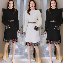 2022秋冬法式时尚印花拼接长袖仿毛呢连衣裙女中长款配大衣打底裙