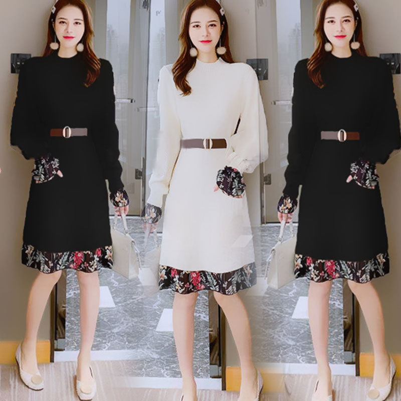 2022秋冬法式时尚印花拼接长袖仿毛呢连衣裙女中长款配大衣打底裙