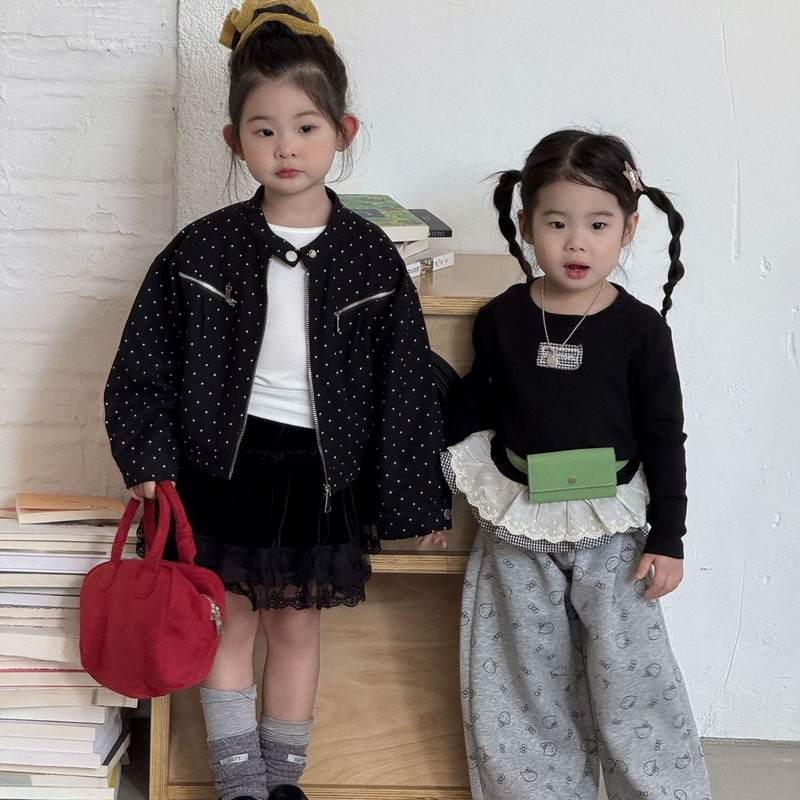 2025 New Autum Kidsren's Clothing Korean Style Kidsren's Clothing Girls Polka Dot Round Neck Jacket Kidsren's Autum Jacket
