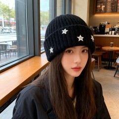 新款帽子女冬季时尚星星针织套头帽大头围百搭显脸小毛线帽韩版潮