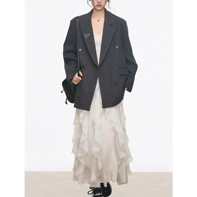 2026 High-End Woolen Blazer for Women + Designer Long Skirt White Dress Casual Set