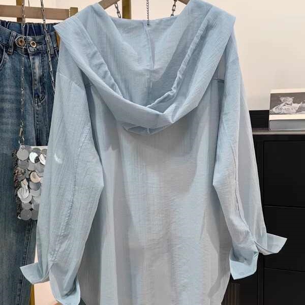 Plus-Size Hooded Shirt for Women, 2026 Summer New Style, Loose Korean Version, Casual Versatile Sun Protection Top, Thin Jacket