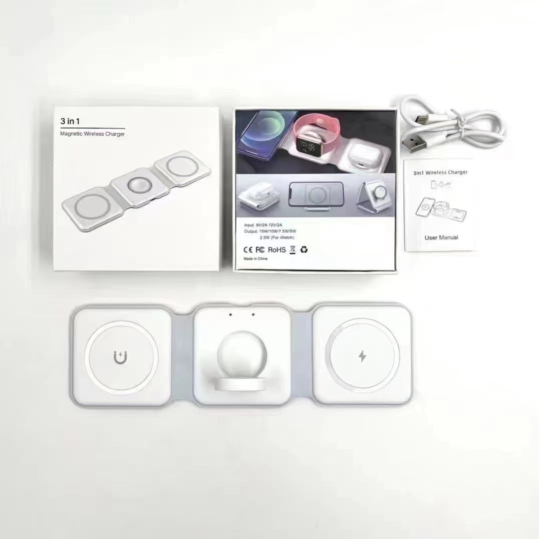 Cargador inalámbrico 3 en 1 para smartphones W07, carga rápida, digital y magnética, para Dropshipping en Douyin, Xiaohongshu y Pinduoduo.