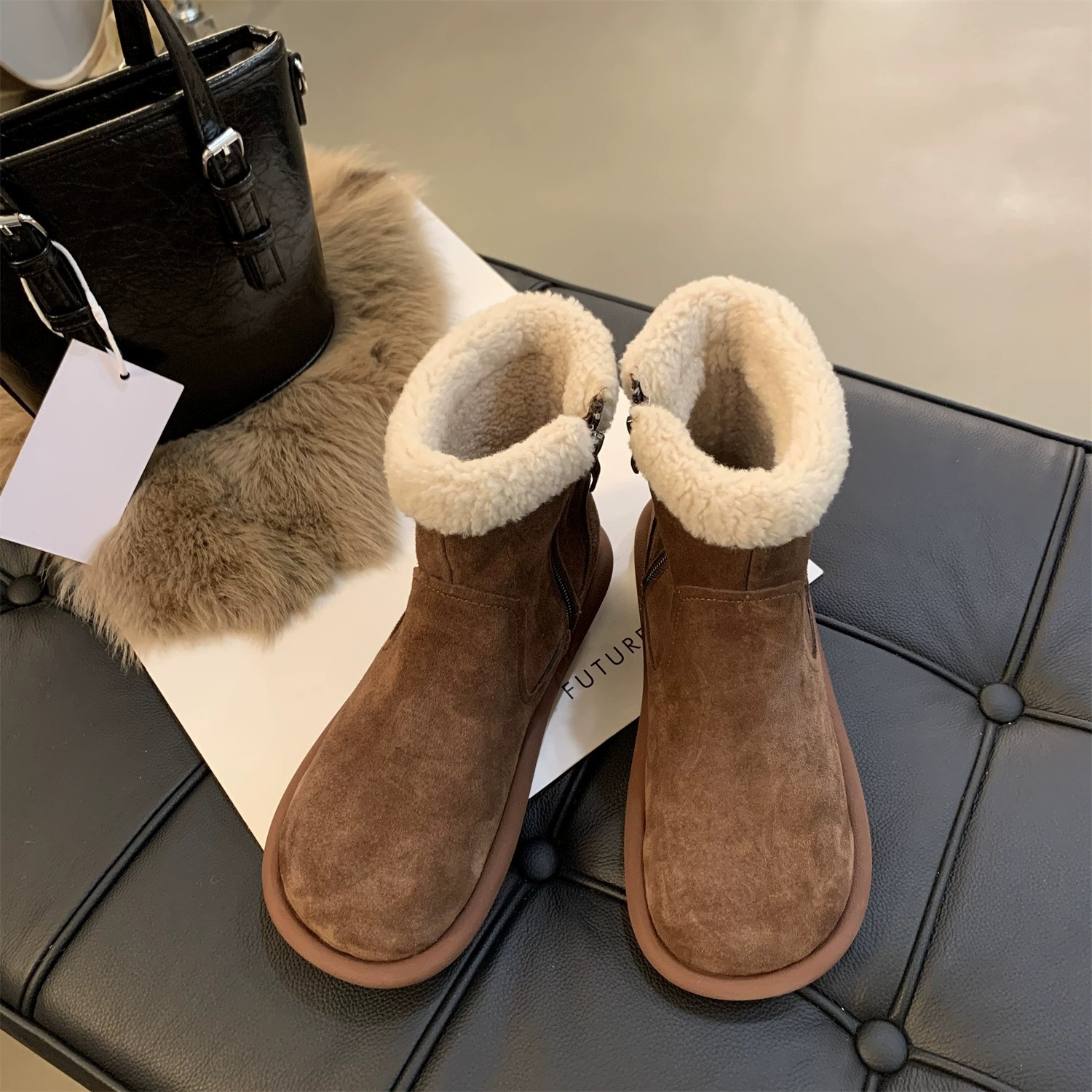 Snow boots women's winter fur one thick warm ankle boots with velvet cotton shoes_voghion.com