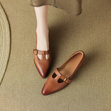 初遇季复古尖头单鞋春秋粗跟皮鞋百搭丁字鞋超软中跟女