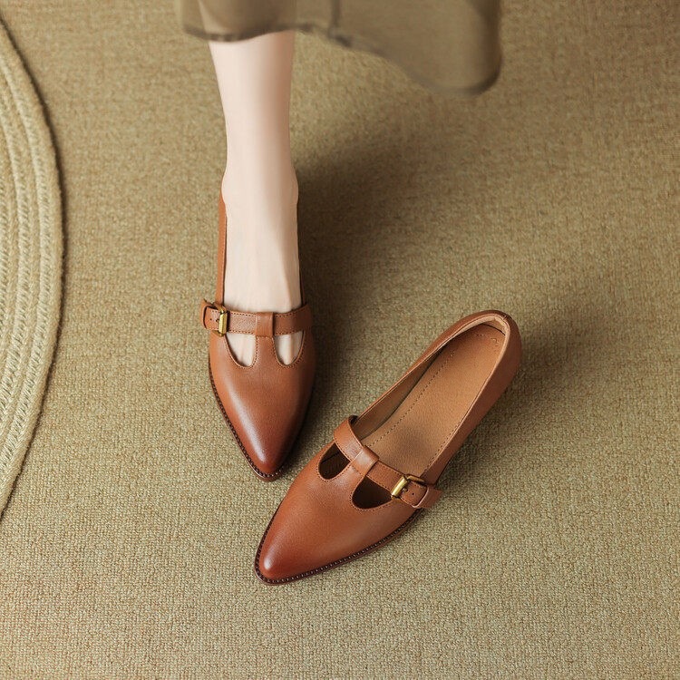 初遇季复古尖头单鞋春秋粗跟皮鞋百搭丁字鞋超软中跟女