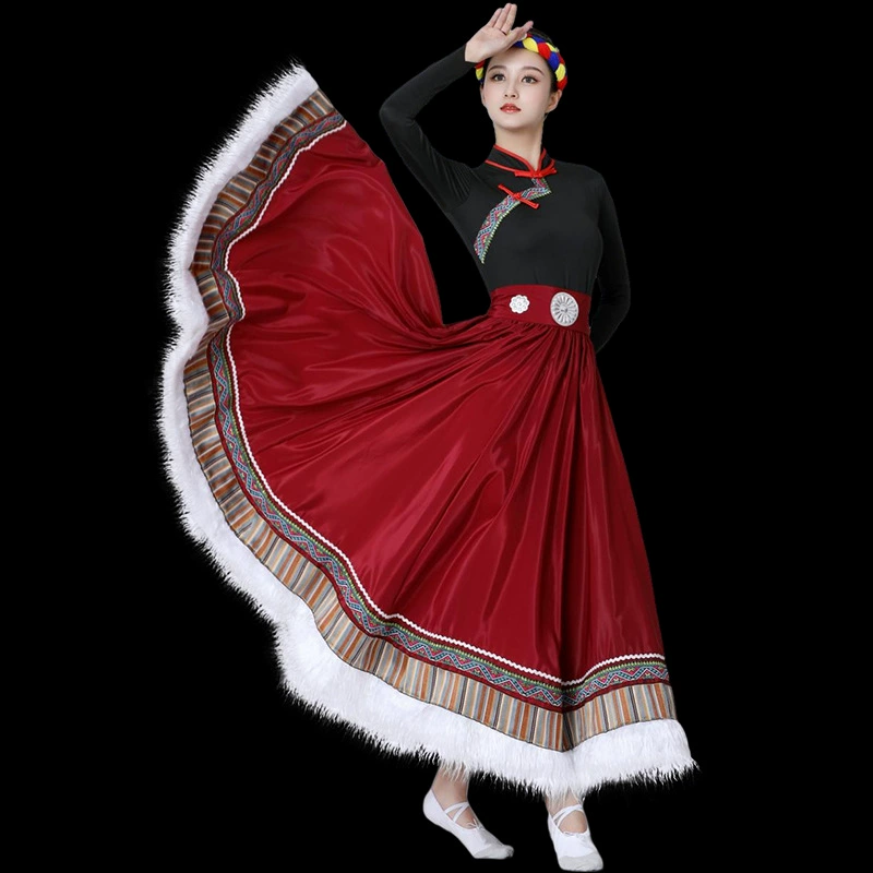 Костюм для тибетских танцев, Женский цельный топ с водяным рукавом, тибетская юбка, большая юбка-качели, юбка для практики тибетского искусства