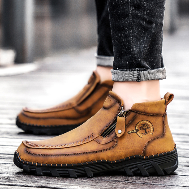 Cizme de toamnă noi pentru bărbați, casual, din piele, cizme Martin, cu fermoar lateral, cizme de lucru transfrontaliere, pantofi bărbătești de mărime mare, lucrați manual_voghion.com