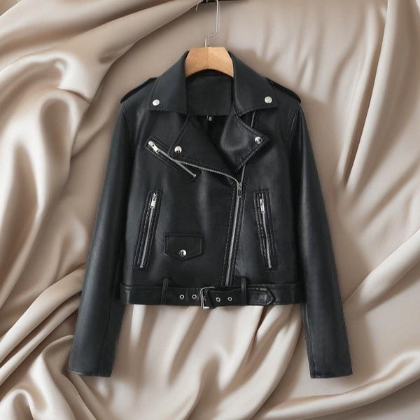 ZA Cross-border European and American 2025 All-match Autumn and Winter New Women's Black Slim Fit Leather Biker Jacket Short Leather Jacket ZA Cross-border European and American 2025 All-match Autumn and Winter New Women's Black Slim Fit Leather Biker Jacket Short Leather Jacket