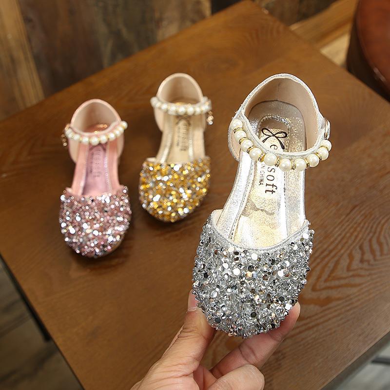 Girls Princess Shoes New Korean Style Fashionable Little Girls Versatile Shiny Shoes Spring and Summer Pearl High Heels