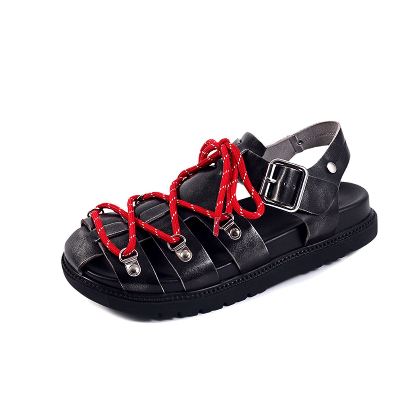 Sandal nữ đế dày dệt quai chéo phong cách La Mã, mũi bít khóa thắt lưng — màu nâu