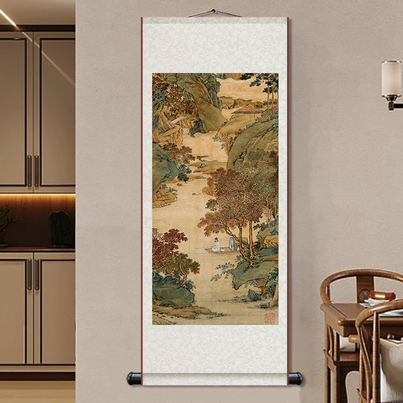 Ming Dynasty Qiu Ying Fengxi Fishing Figure Traditional Chinese Painting New Chinese Vertical Landscape Painting Silk Scroll Study Hanging Painting