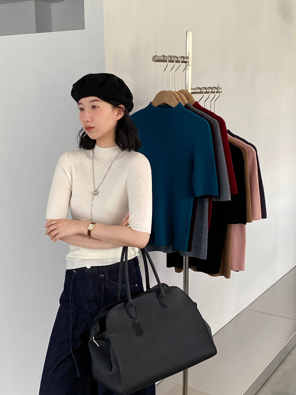 江左 黑标系列 100羊毛无缝一体打底衫气质简约半袖针织衫女U1279|undefined