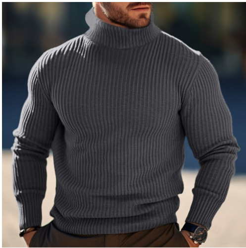 速卖通跨境新款男装秋冬欧美男士竖条纹高领毛衣针织衫男打底毛衫