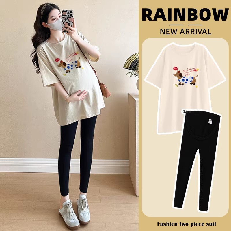 Maternity Summer Short-Sleeve T-Shirt for Women, Summer 2026 New Style, Loose Fit, Conceals Belly, Two-Piece Set of Top and Pants