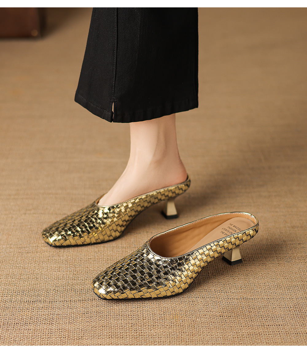 Sandal nữ mũi nhọn dệt vàng, gót 5 cm, phong cách thời trang — màu vàng chi tiết 7