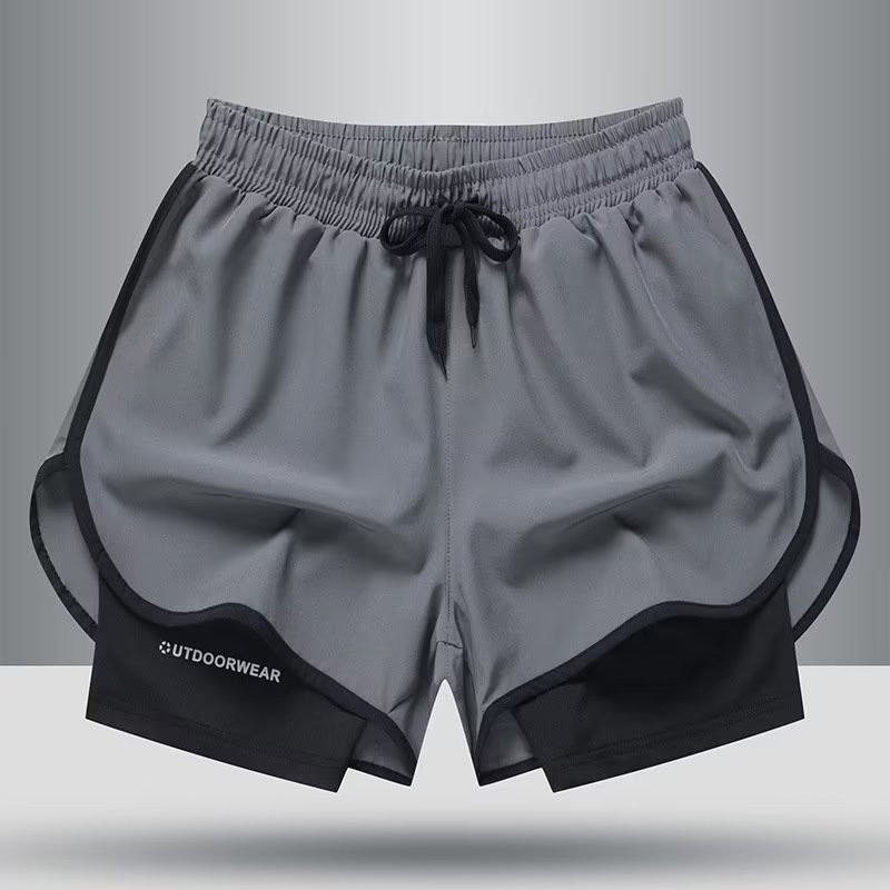 Summer Sports Ice Silk Shorts for Men, Breathable, Quick-Drying, Running, Elastic Lining, Fake Two-Piece Training Anti-Exposure Three-Quarter Pants