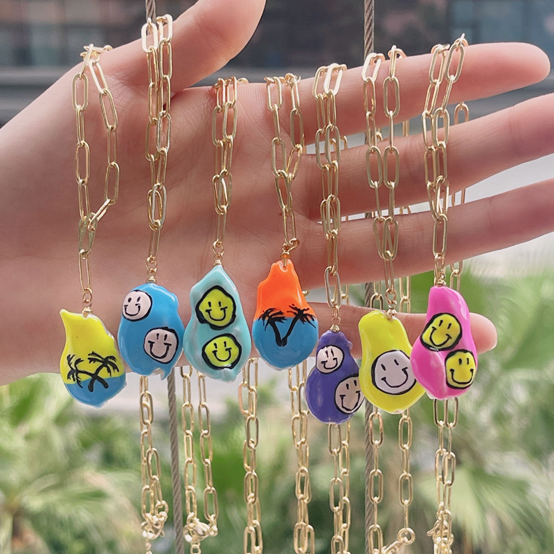 Fashion Irregular Smiley Face Imitation Pearl Copper Necklace Gold Plated Copper Necklaces