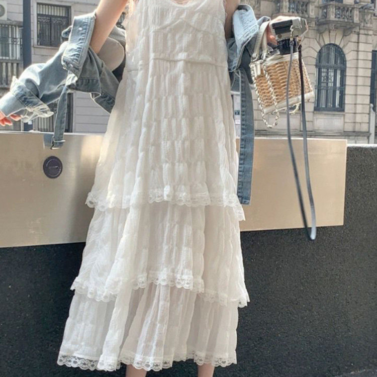 Plus-Size Women's 2026 Early Spring New Style Slimming Long Cake Dress with a High-End Feel, White Beach Strap Dress Plus-Size Women's 2026 Early Spring New Style Slimming Long Cake Dress with a High-End Feel, White Beach Strap Dress
