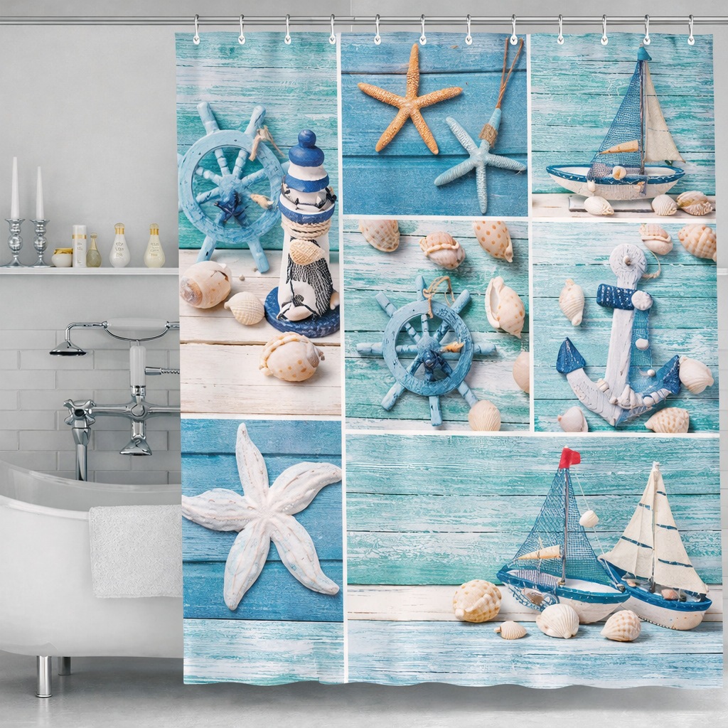 Impresión digital de ondas cortina de baño sin agujeros partición de baño cortina impermeable baño cuatro piezas conjunto de dibujo se puede fijar image 5