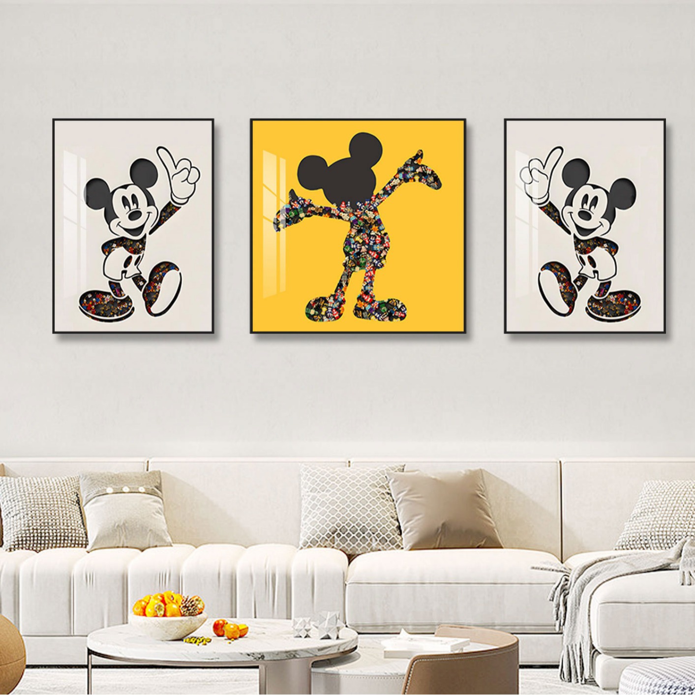 Lego ladrillo pintura sala de estar triple pintura decorativa bloques Mickey pintura física dormitorio dibujos animados de los niños Mickey Mouse colgando