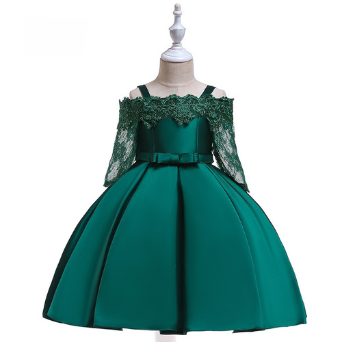 2024 New Girl Princess Dress One-shoulder Straps Dress Lace Hollow Long Sleeve Dress Satin Ribbed Embroidered Dress