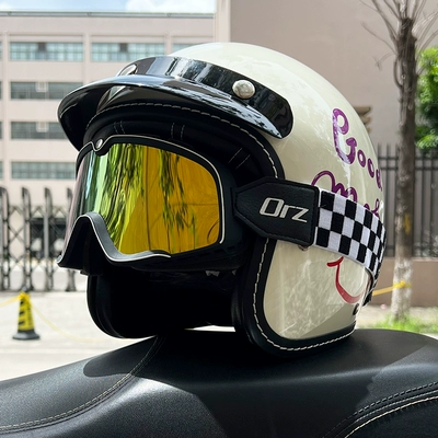 Motosiklet dəbilqələri, retro half helmet electric locomotive four - m-ivory-white-good-morning-retro-black-gold-mirror