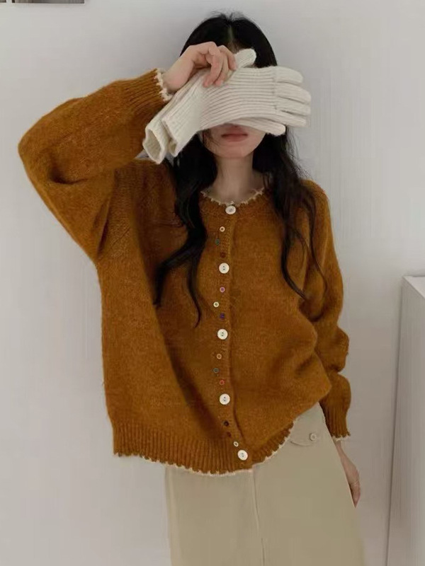 2025秋冬新款韩版彩色纽扣设计感针织开衫女宽松显瘦圆领毛衣外套|undefined