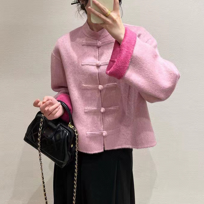 재고 SW 스타일 양모 혼합 새로운 중국 양면 양면 양모 코트 여성용 봄 국가 스타일 그린 쇼트 탑