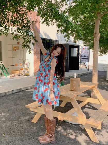 Vintage Wood-ear Floral Skirt Sling dress Women's Summer Loose Slimming Seaside Vacation Sweet Short Skirt